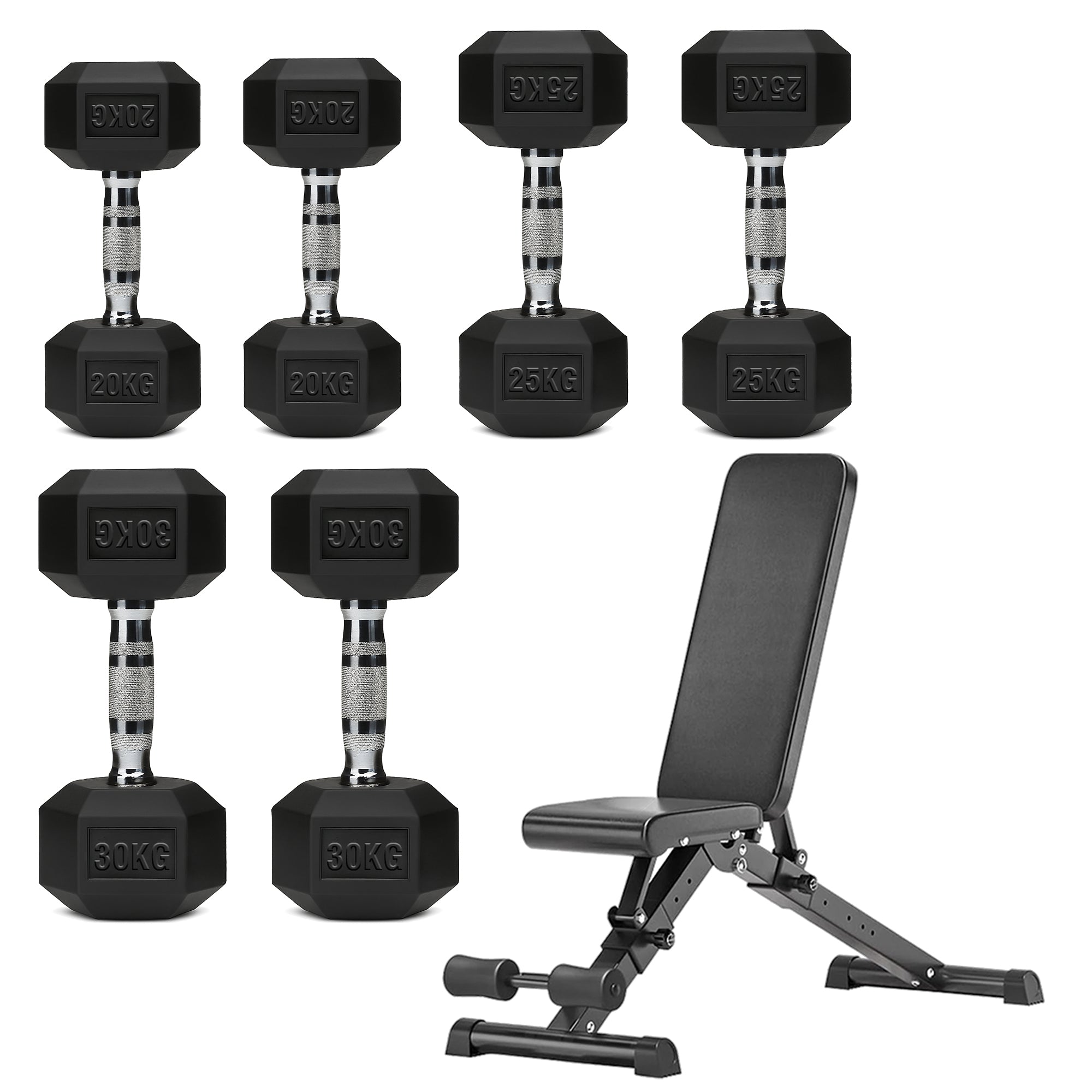 Hex Dumbbell Set with 3-Tier Tree Rack & Optional Bench – Rubber Coated Anti-Roll Weights for Home Gym