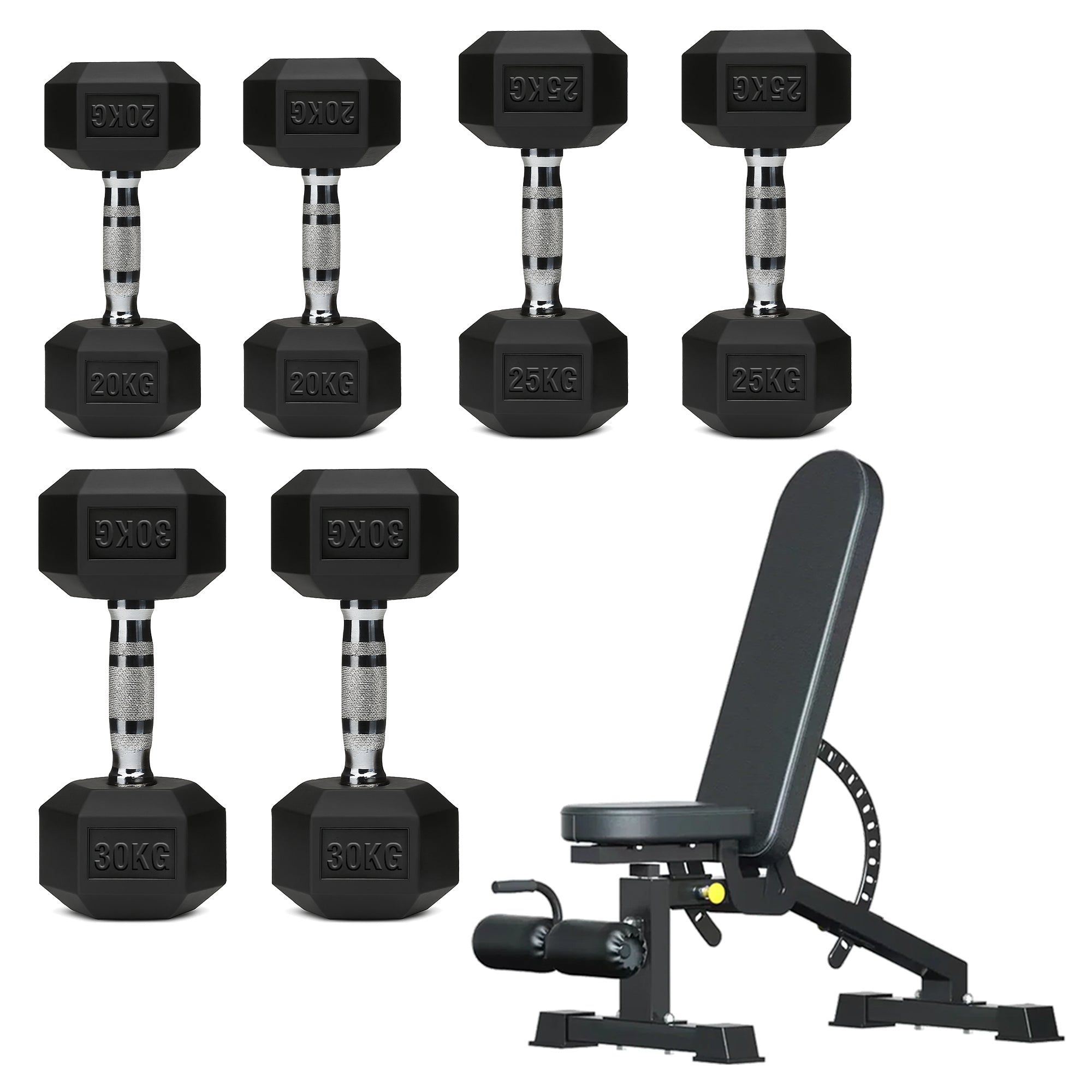 Hex Dumbbell Set with 3-Tier Tree Rack & Optional Bench – Rubber Coated Anti-Roll Weights for Home Gym
