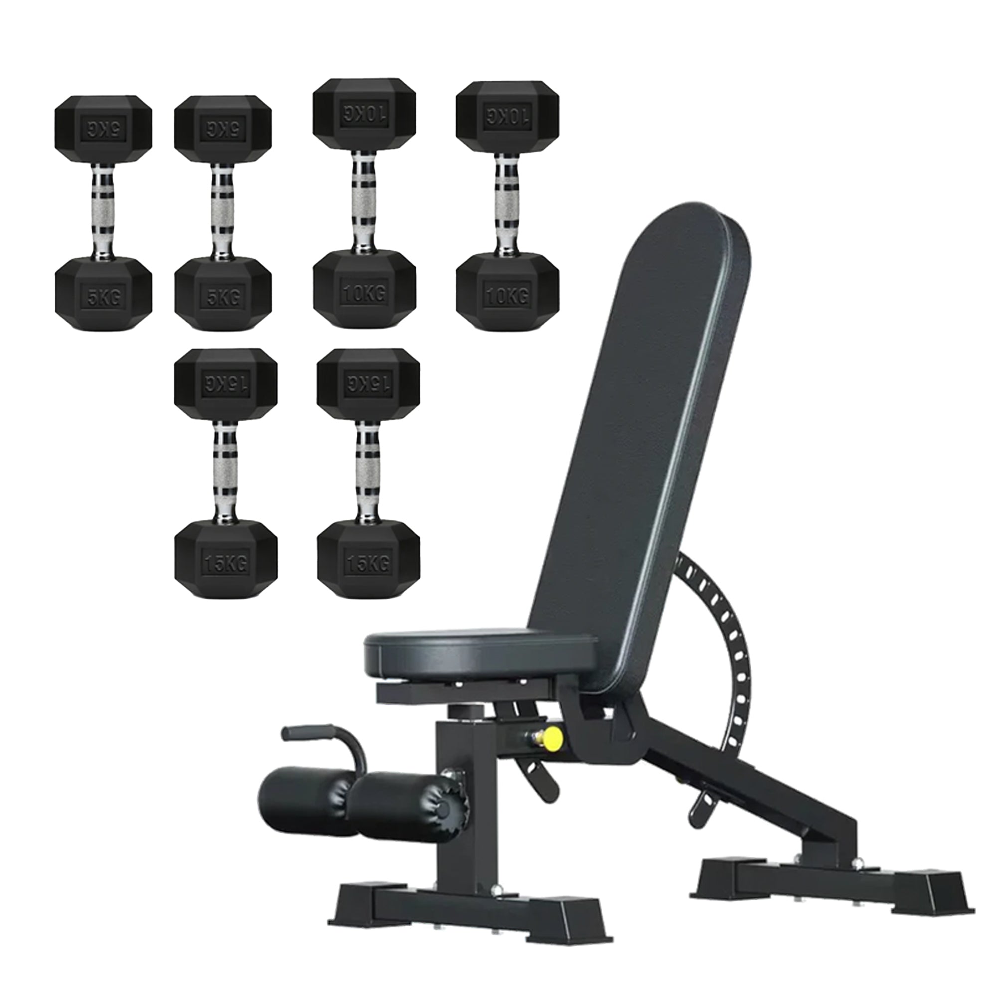 Hex Dumbbell Set with 3-Tier Tree Rack & Optional Bench – Rubber Coated Anti-Roll Weights for Home Gym