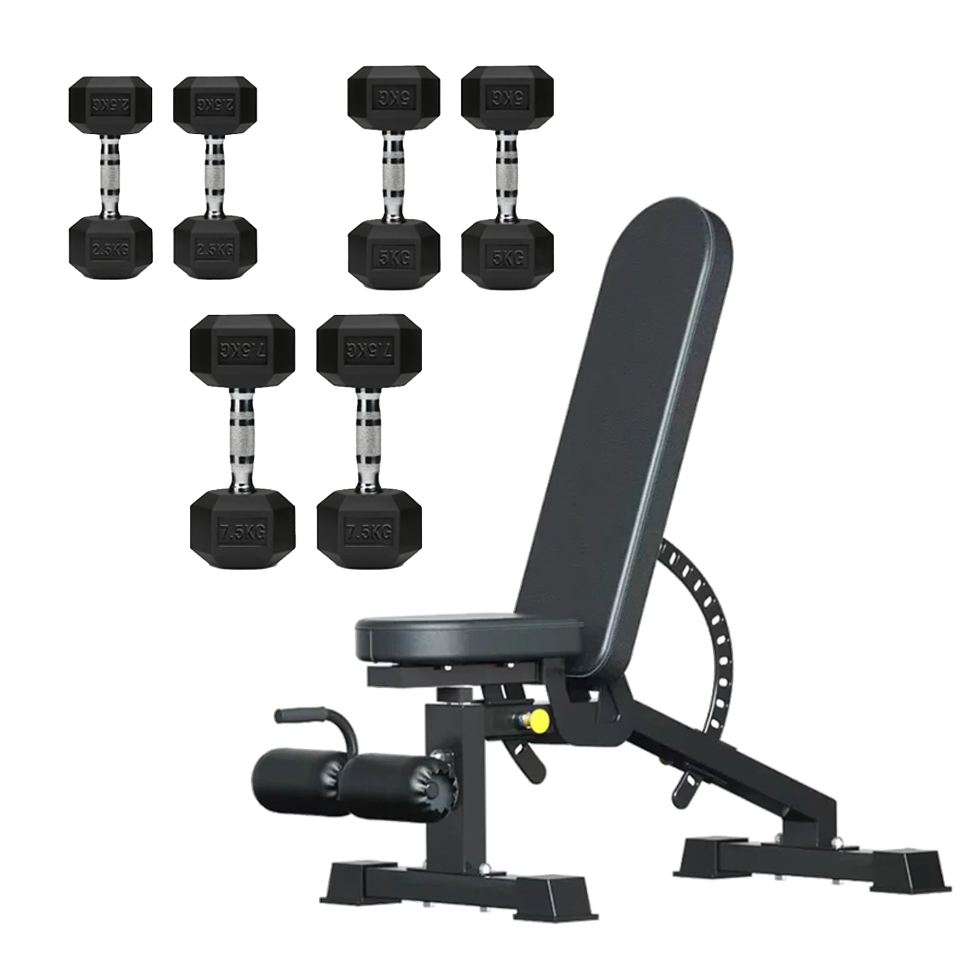 Hex Dumbbell Set with 3-Tier Tree Rack & Optional Bench – Rubber Coated Anti-Roll Weights for Home Gym