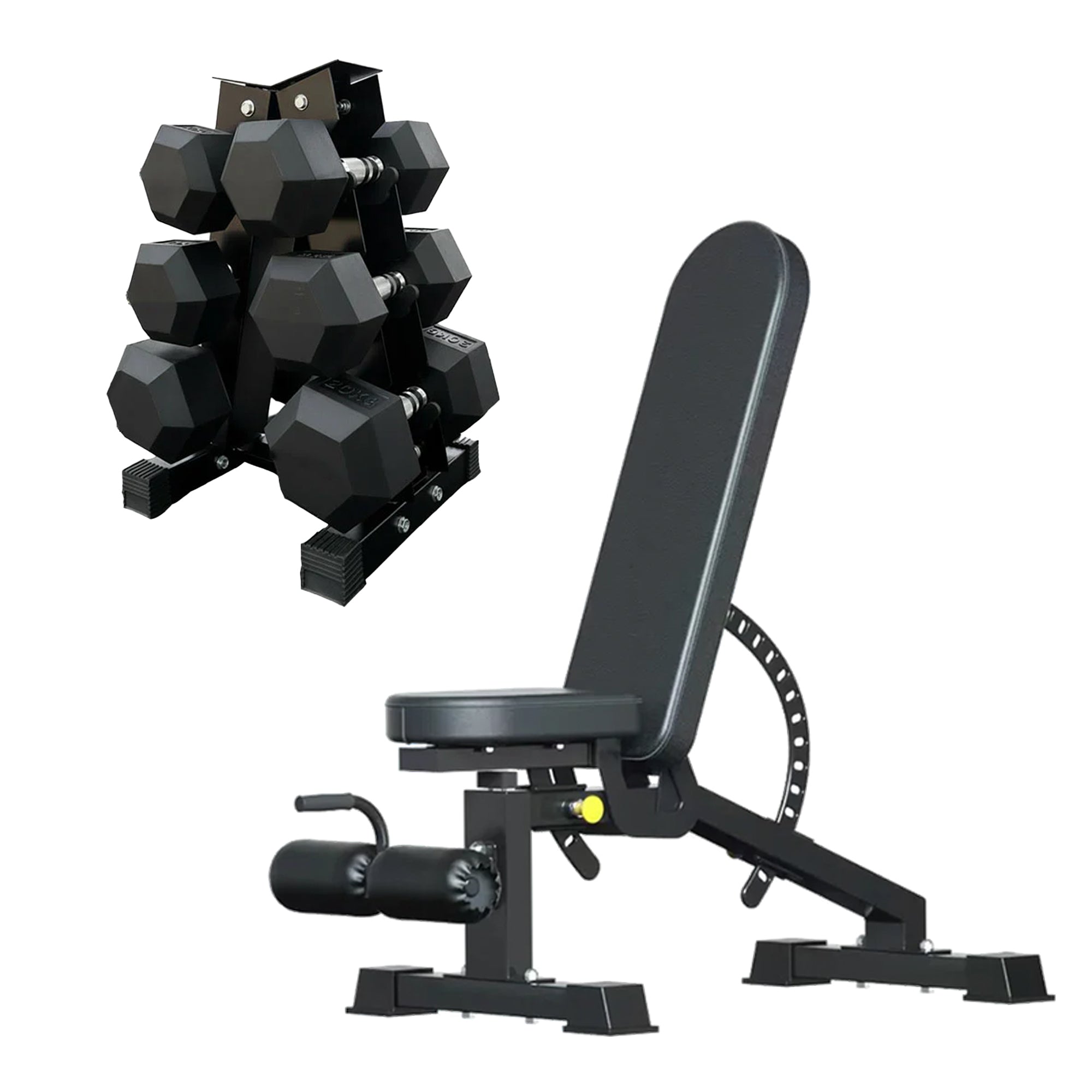Hex Dumbbell Set with 3-Tier Tree Rack & Optional Bench – Rubber Coated Anti-Roll Weights for Home Gym
