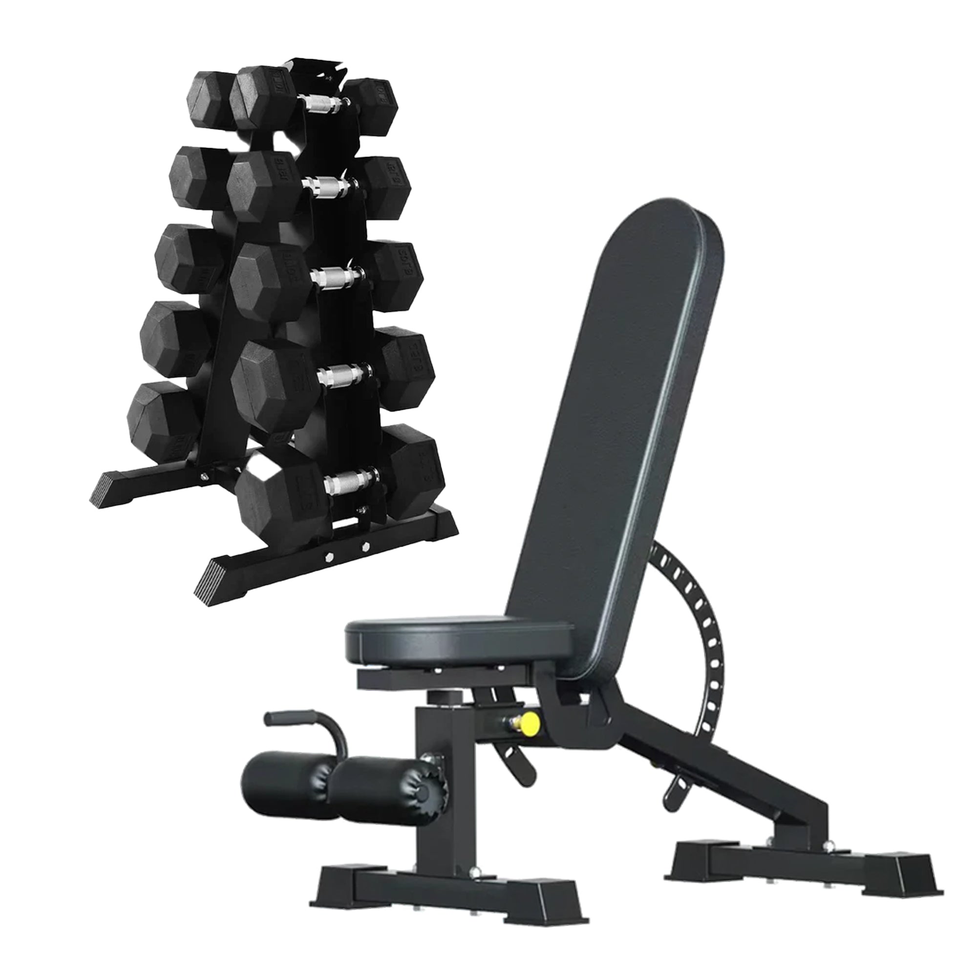 Hex Dumbbells 5 Tier Rack with or without Weights & Bench – Vertical Dumbbell Storage Stand for Home Gym
