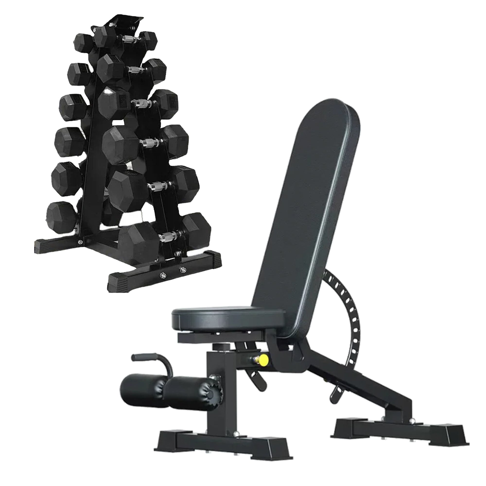 Hex Dumbbells 6 Tier Rack with or without Weights & Bench – Vertical Dumbbell Storage Stand for Home Gym (2.5kg–30kg)