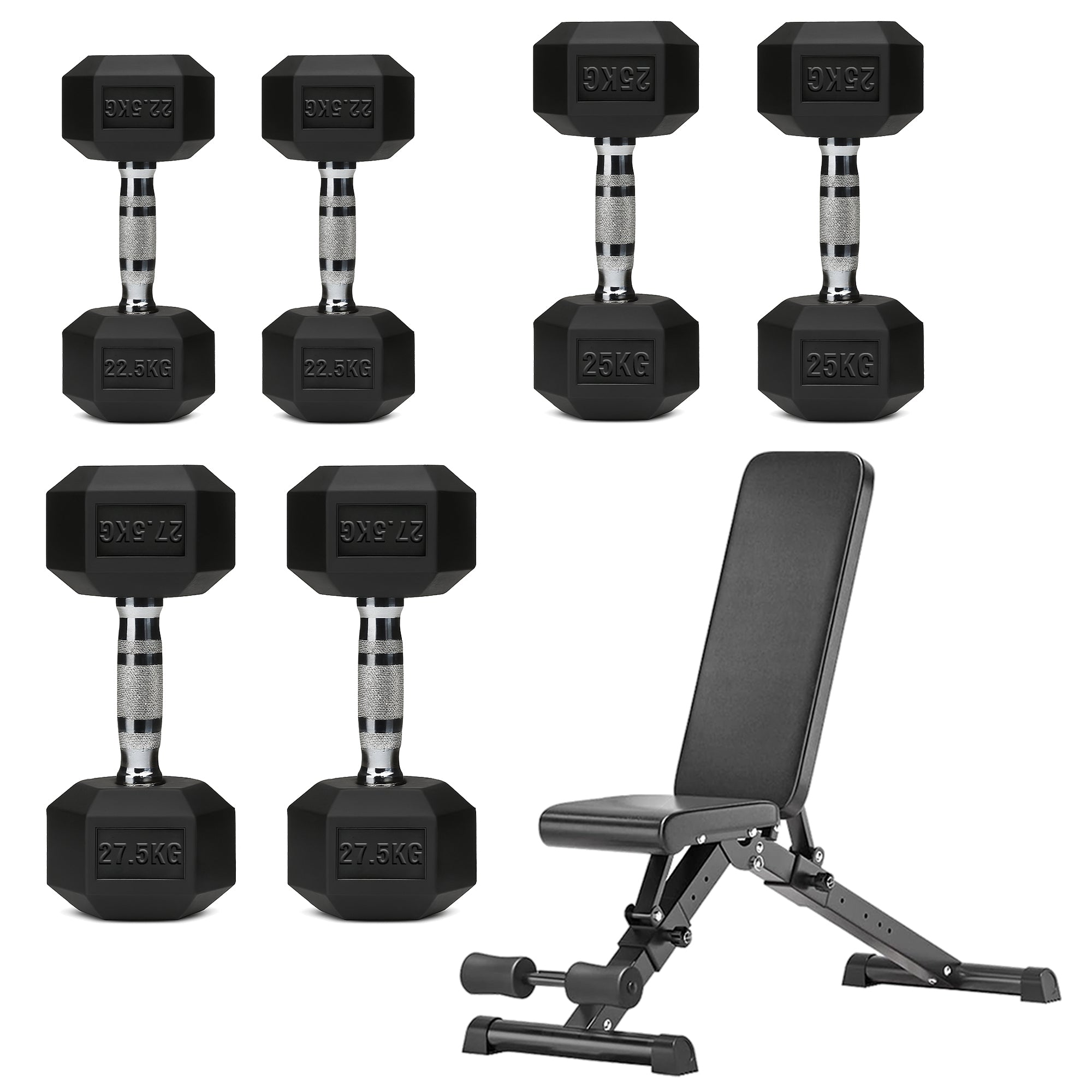Hex Dumbbell Set with 3-Tier Tree Rack & Optional Bench – Rubber Coated Anti-Roll Weights for Home Gym