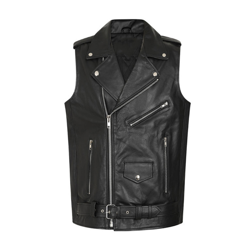 Men's Leather Biker Vest with Zipper, Belted Waist | Black - The Rising Fenix