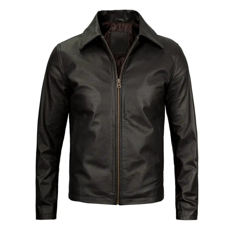 Men's Vintage Harrington Leather Jacket with Shirt Collar | Black - The Rising Fenix