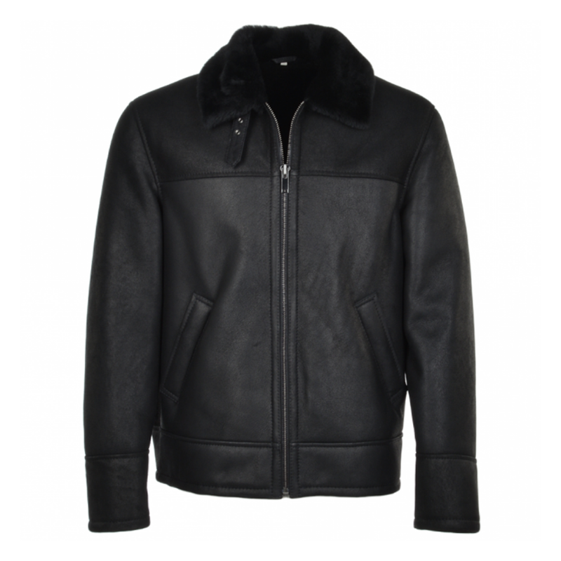 Men's Sheepskin Genuine Leather Jacket with Fur Collar | Black - The Rising Fenix