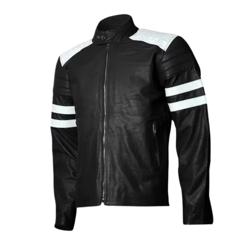 Men's Retro Cafe Racer Leather Jacket, Classic Fit, with White Stripes | Black - The Rising Fenix