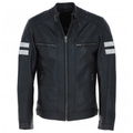 Men's Motorcycle Leather Jacket  Quilted Shoulders, Full Zip | Black & Blue - The Rising Fenix
