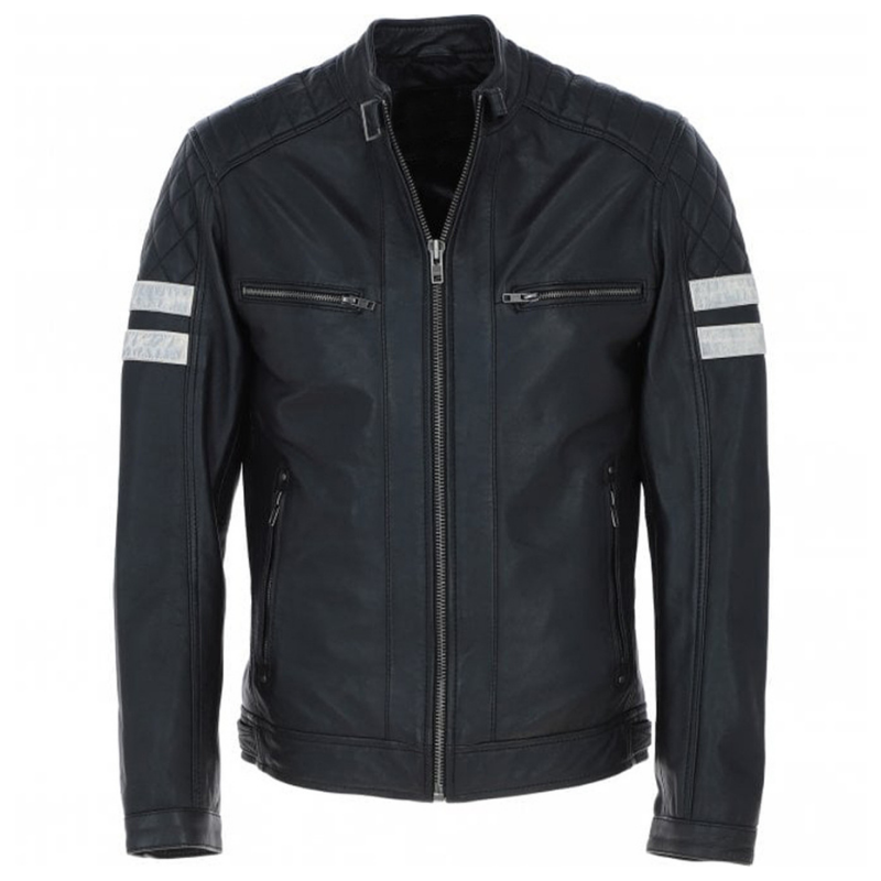 Men's Motorcycle Leather Jacket  Quilted Shoulders, Full Zip | Black & Blue - The Rising Fenix