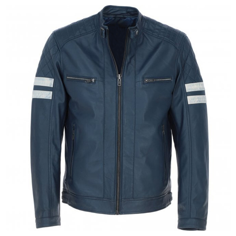 Men's Leather Motorcycle Jacket with Quilted Shoulder & White Stripes | Blue & Black - The Rising Fenix
