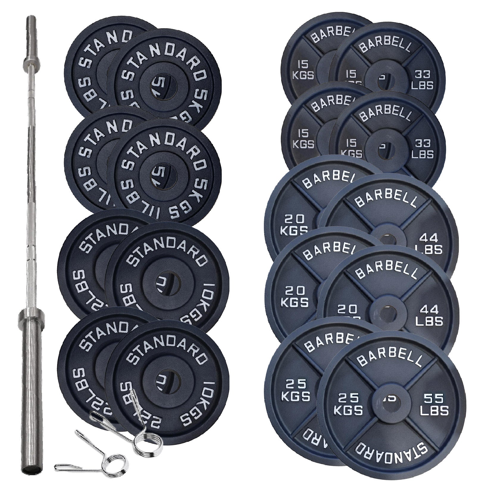 Cast Iron Weight Plates Set and Pair with Olympic Barbell + Clips