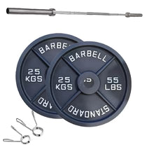 Cast Iron Weight Plates Set and Pair with Olympic Barbell + Clips