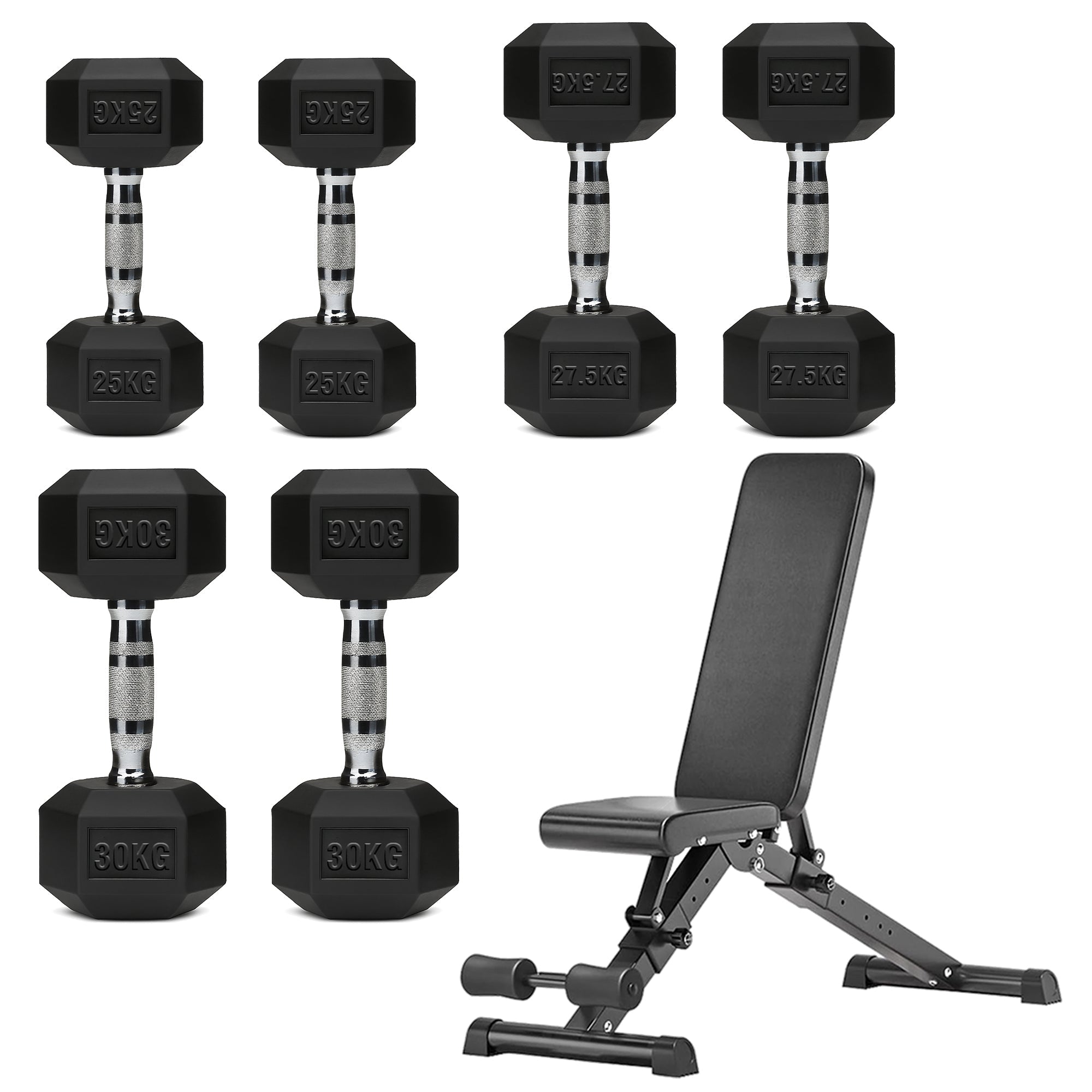 Hex Dumbbell Set with 3-Tier Tree Rack & Optional Bench – Rubber Coated Anti-Roll Weights for Home Gym