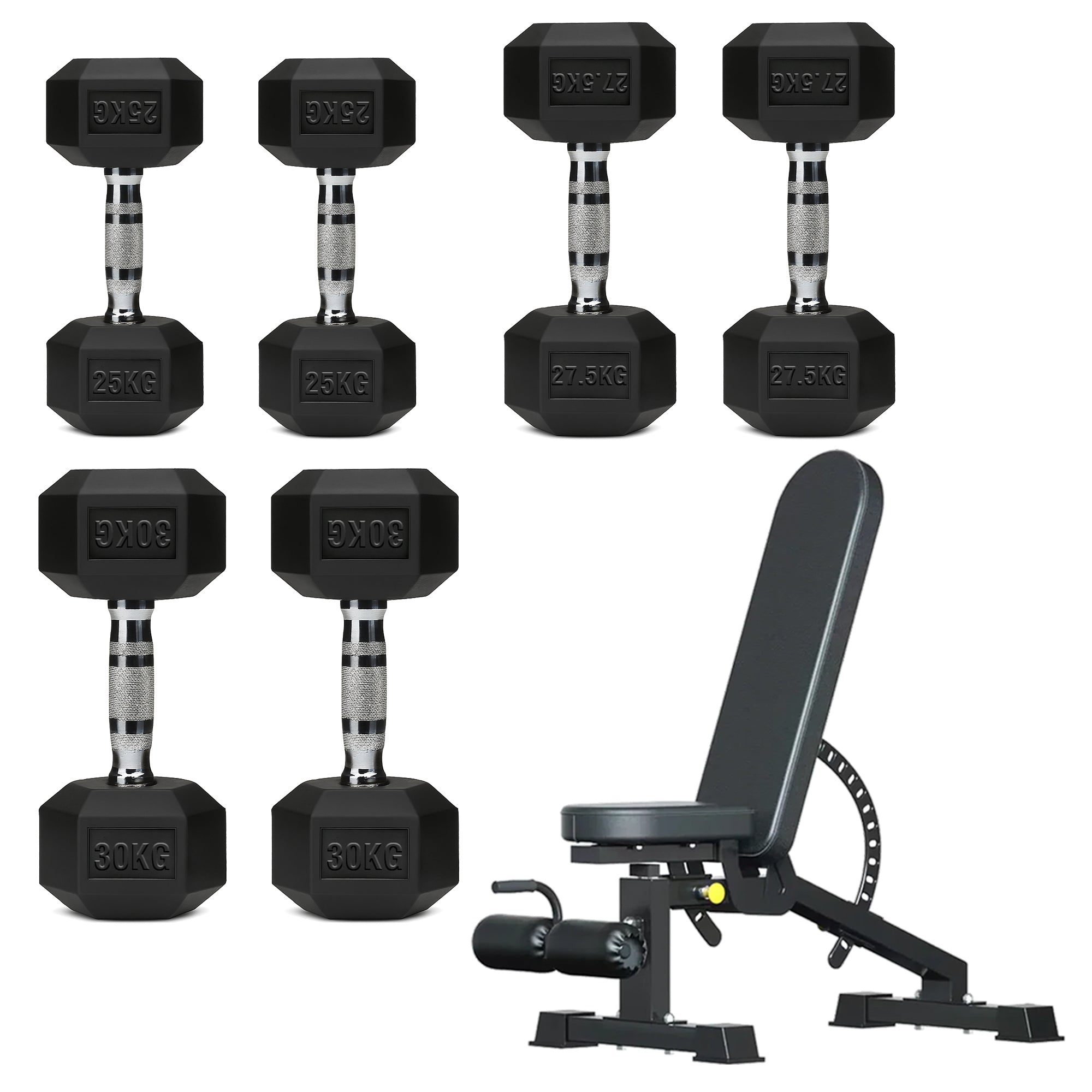 Hex Dumbbell Set with 3-Tier Tree Rack & Optional Bench – Rubber Coated Anti-Roll Weights for Home Gym