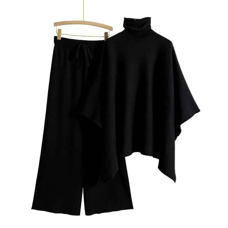 Turtleneck Cape Knitted Wide-leg Pants Elegant Outfit