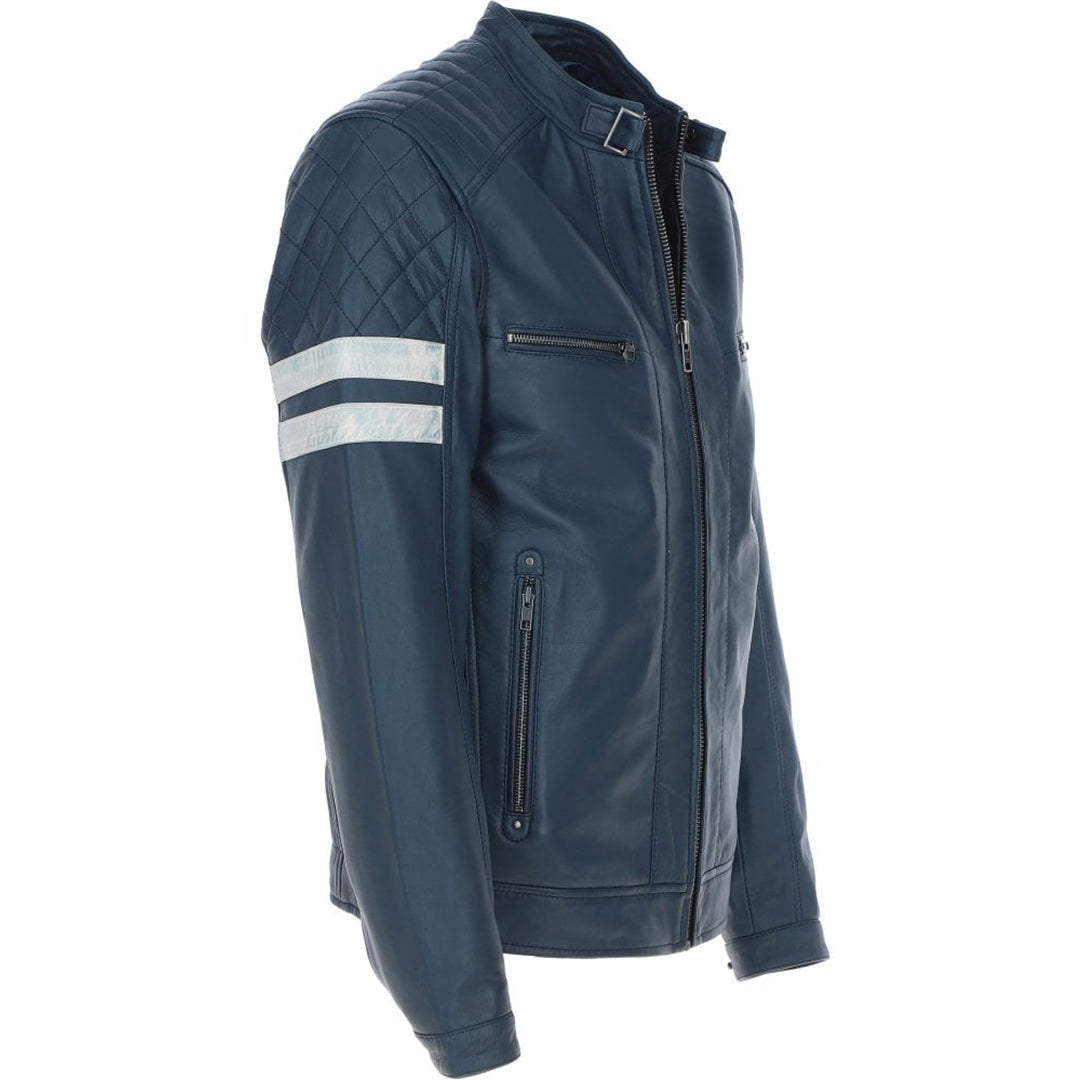 Men's Leather Motorcycle Jacket with Quilted Shoulder & White Stripes | Blue & Black - The Rising Fenix