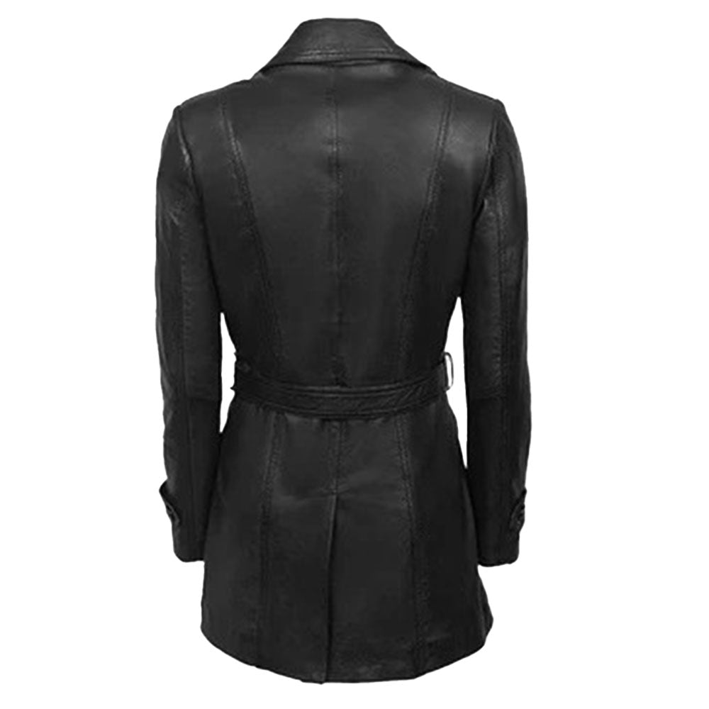 Women's 3/4 Length Leather Coat | Black - The Rising Fenix