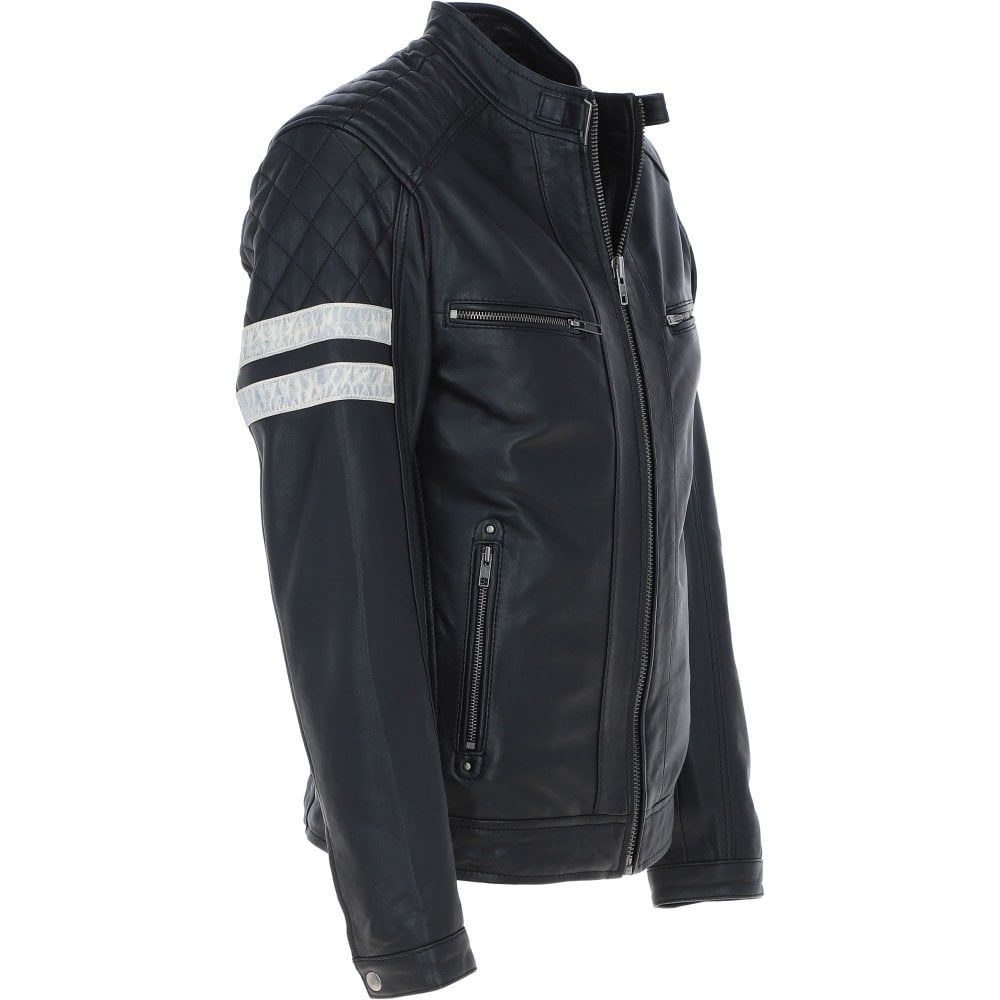 Men's Motorcycle Leather Jacket  Quilted Shoulders, Full Zip | Black & Blue - The Rising Fenix