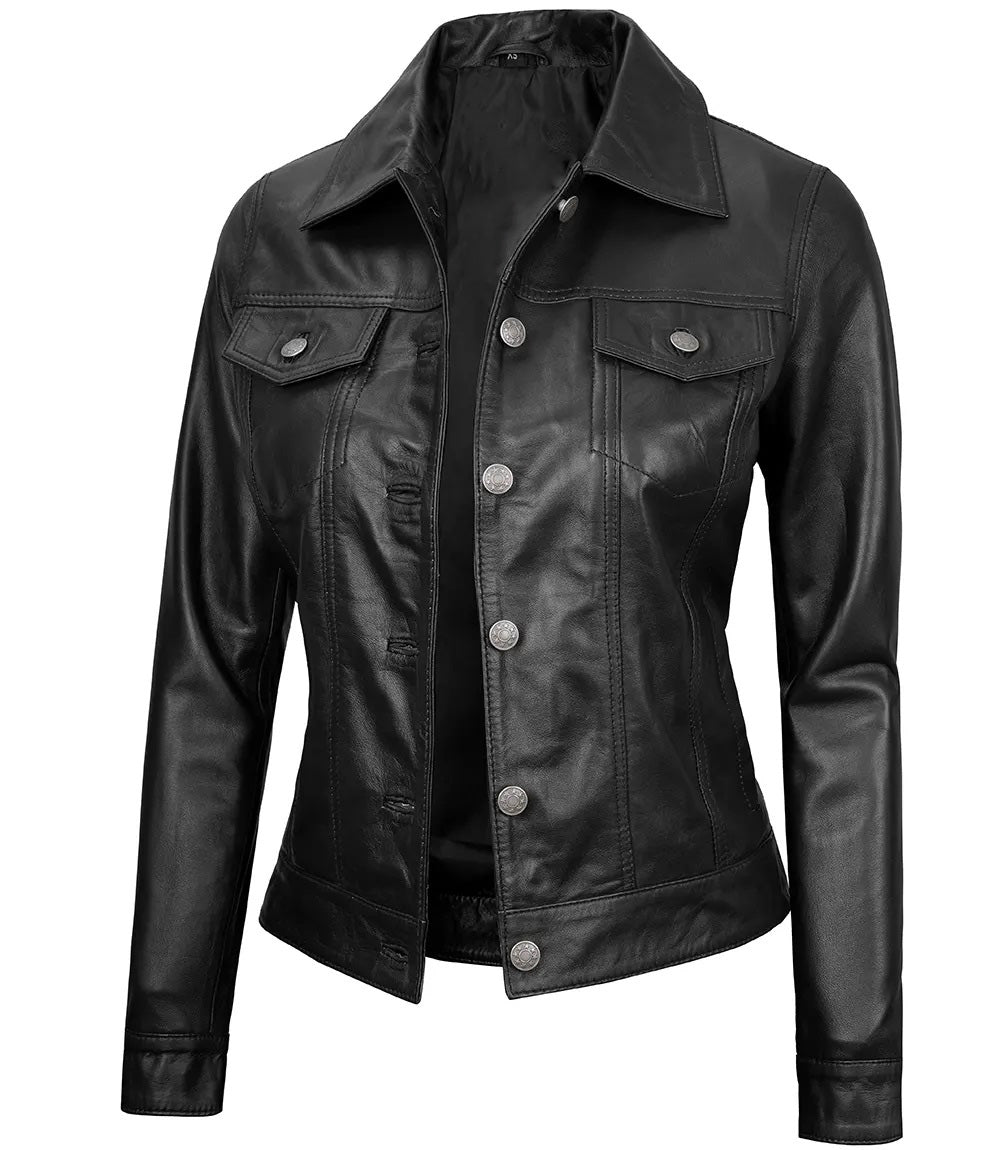 Women's Real Leather Cafe Racer Style Jacket | Black - The Rising Fenix