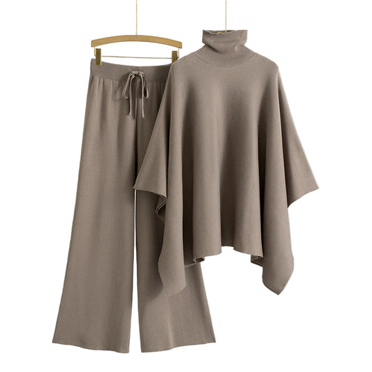 Turtleneck Cape Knitted Wide-leg Pants Elegant Outfit