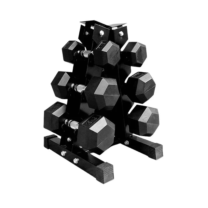 Hex Dumbbell Set with 3-Tier Tree Rack & Optional Bench – Rubber Coated Anti-Roll Weights for Home Gym