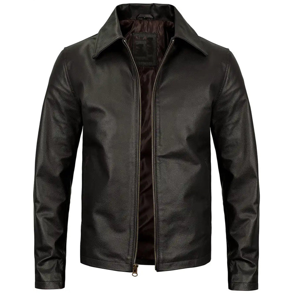 Men's Vintage Harrington Leather Jacket with Shirt Collar | Black - The Rising Fenix