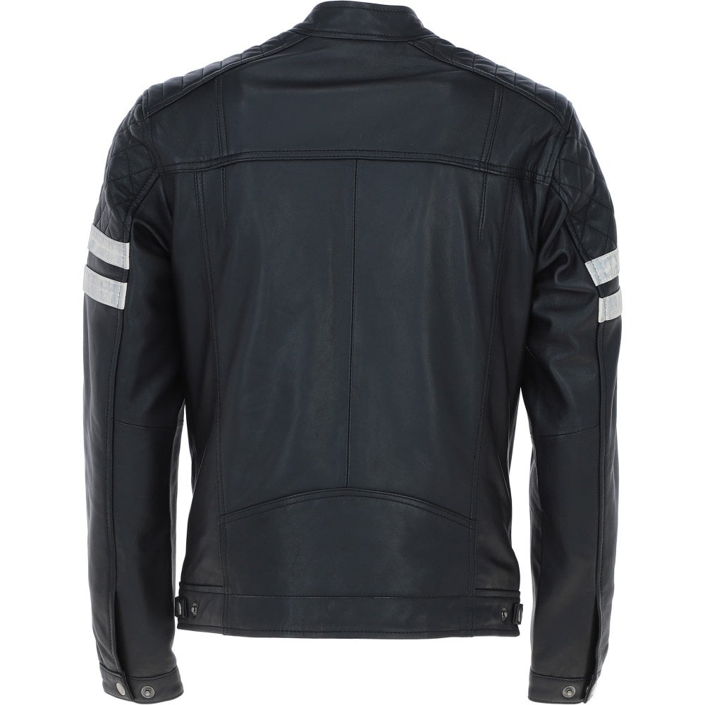 Men's Motorcycle Leather Jacket  Quilted Shoulders, Full Zip | Black & Blue - The Rising Fenix