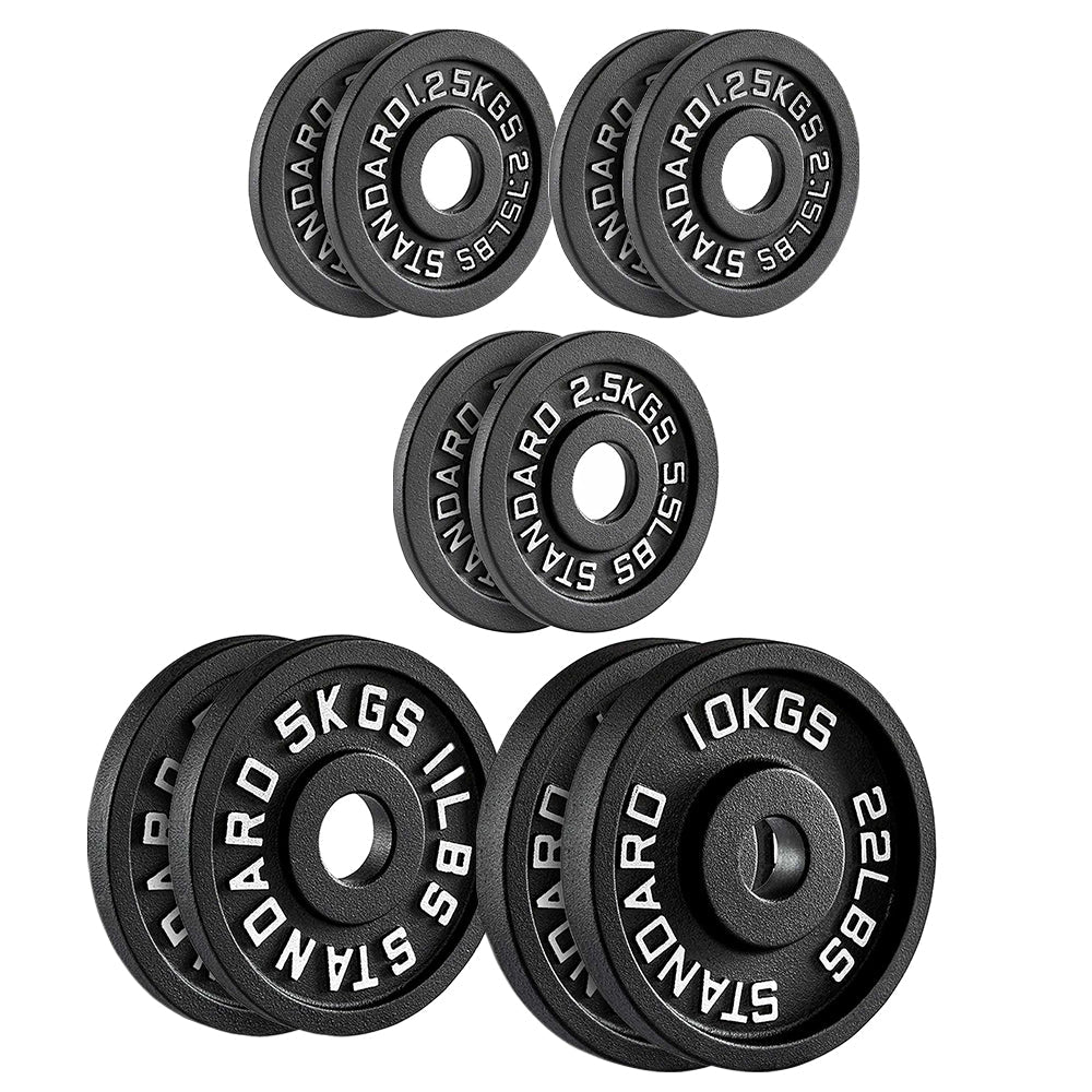 Cast Iron Weight Plates Set and Pair with Olympic Barbell + Clips