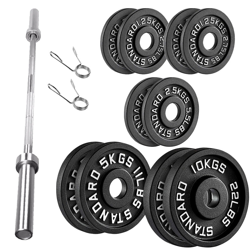 Cast Iron Weight Plates Set and Pair with Olympic Barbell + Clips