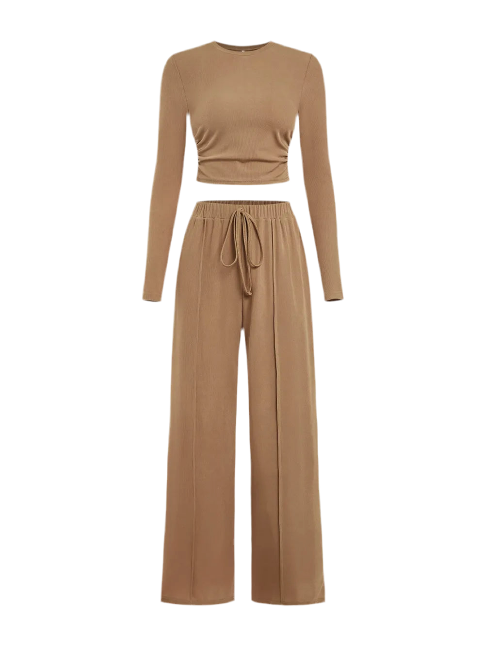 Round Neck Long Sleeve Top and Tied Pants Set