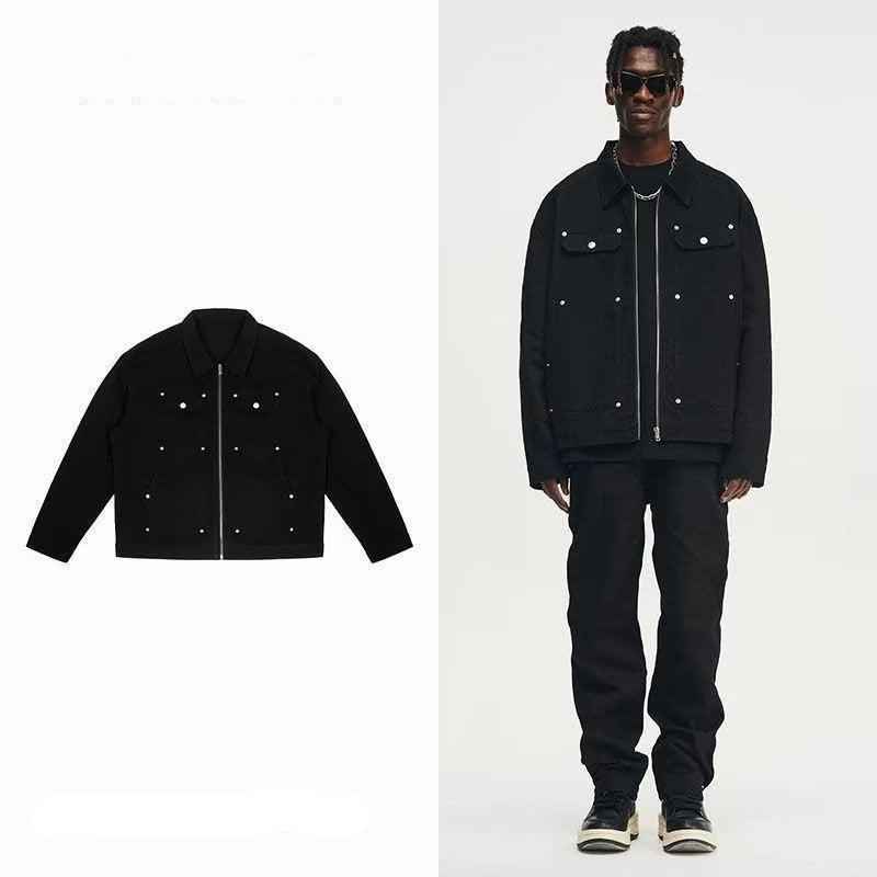 Men's Black Washed Denim Jacket with Zipper and Pocket Detailing - Retro Streetwear Style