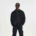 Men's Black Washed Denim Jacket with Zipper and Pocket Detailing - Retro Streetwear Style