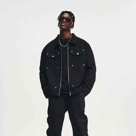 Men's Black Washed Denim Jacket with Zipper and Pocket Detailing - Retro Streetwear Style