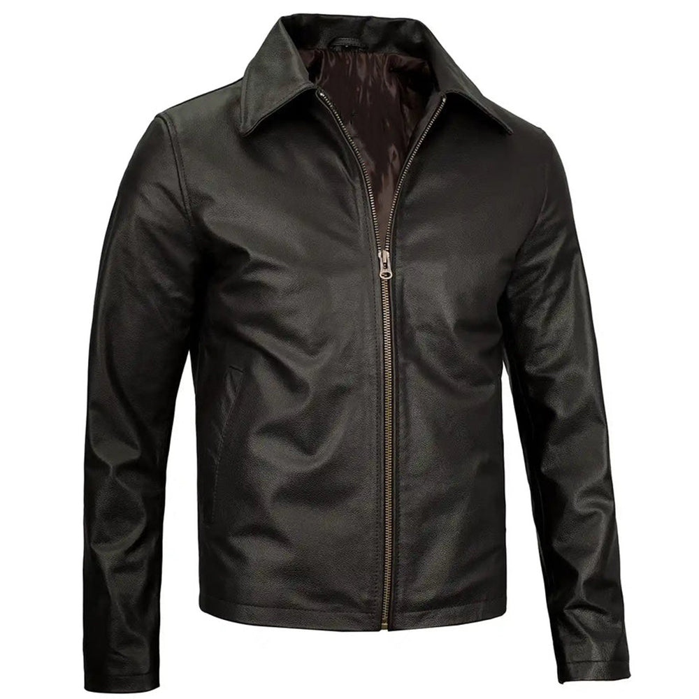 Men's Vintage Harrington Leather Jacket with Shirt Collar | Black - The Rising Fenix
