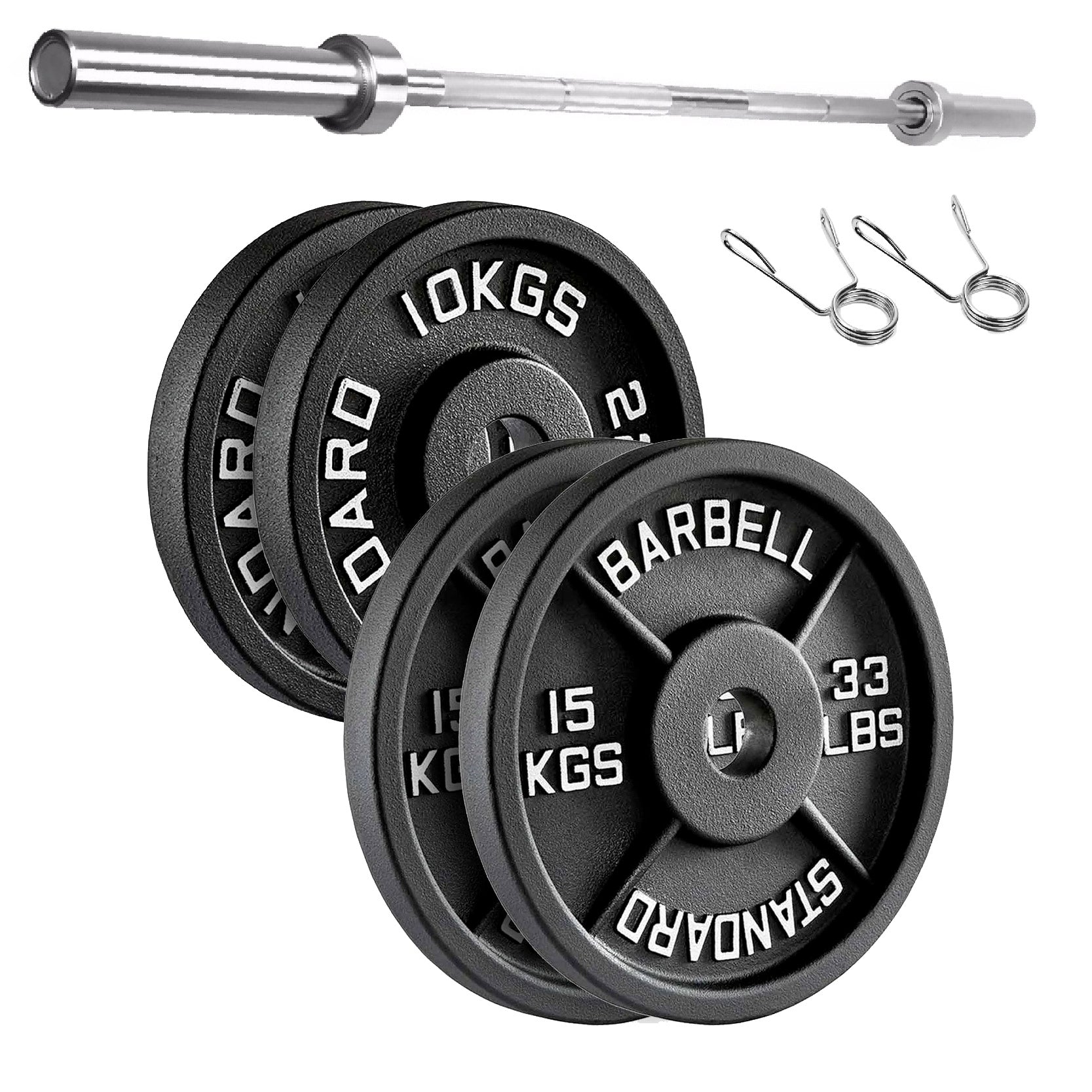 Cast Iron Weight Plates Set and Pair with Olympic Barbell + Clips