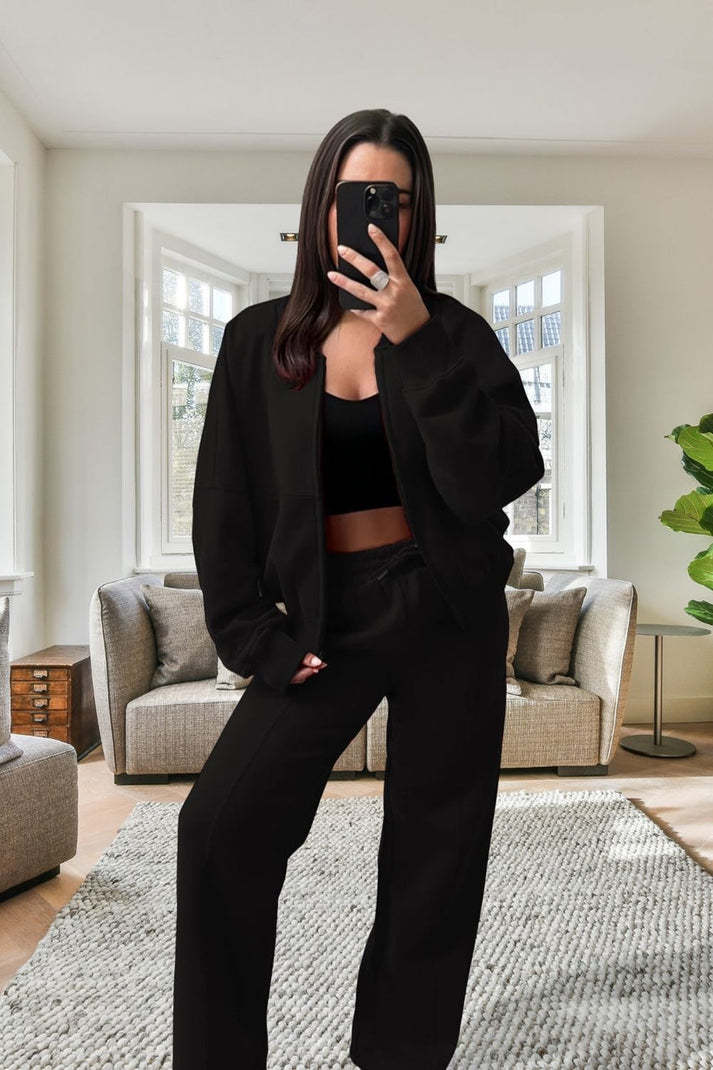 Women's Oversized Fleece Bomber Tracksuit  Zipper Jacket & Wide-Leg Pants Set