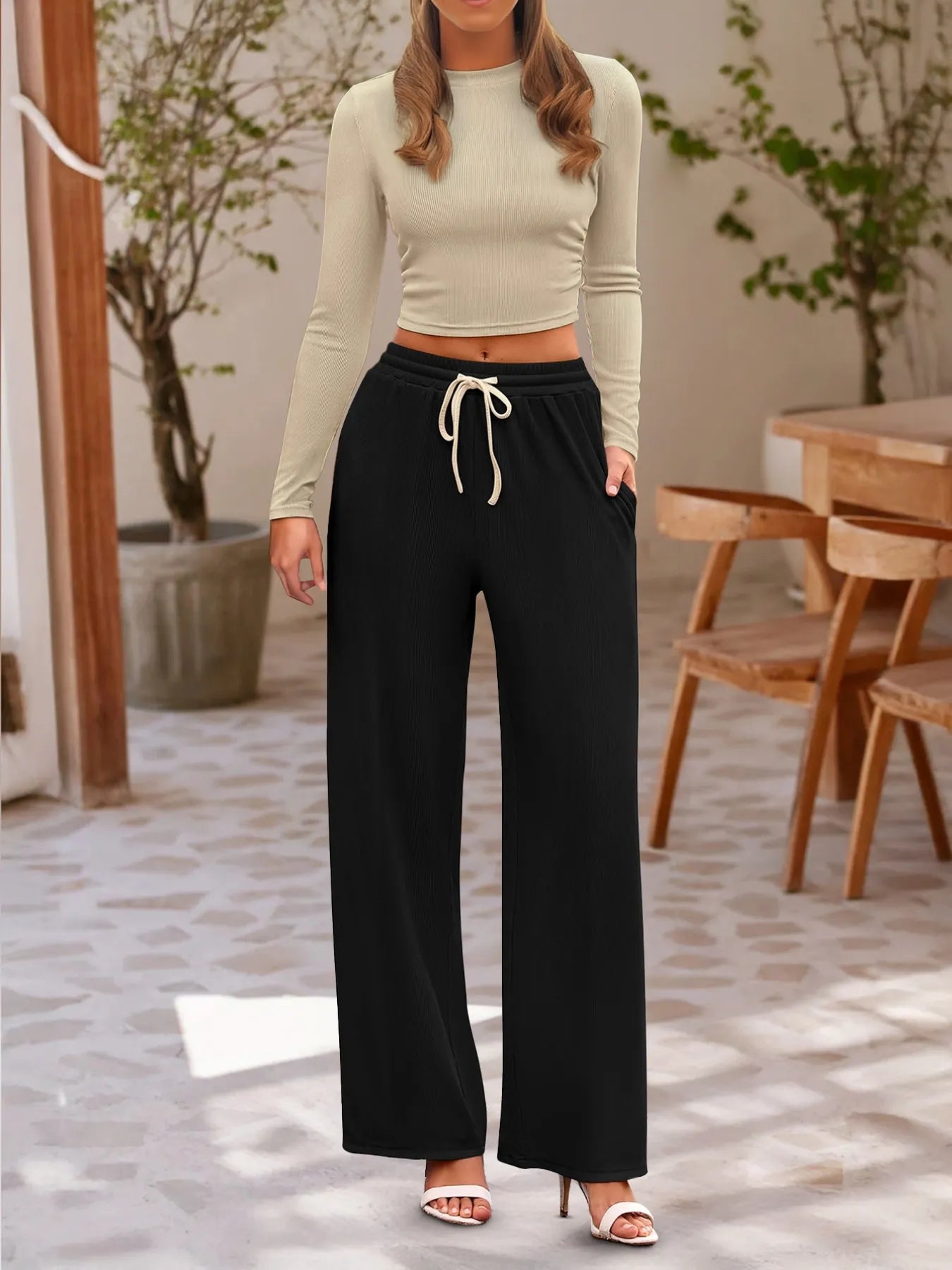 Round Neck Long Sleeve Top and Pants Set