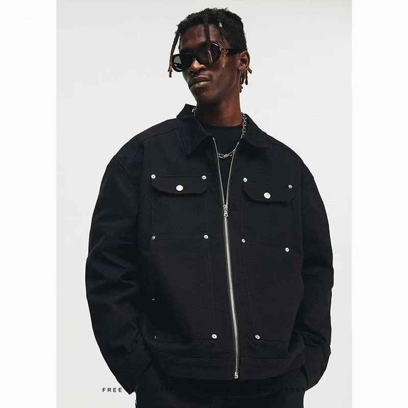Men's Black Washed Denim Jacket with Zipper and Pocket Detailing - Retro Streetwear Style