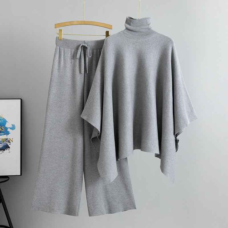 Turtleneck Cape Knitted Wide-leg Pants Elegant Outfit
