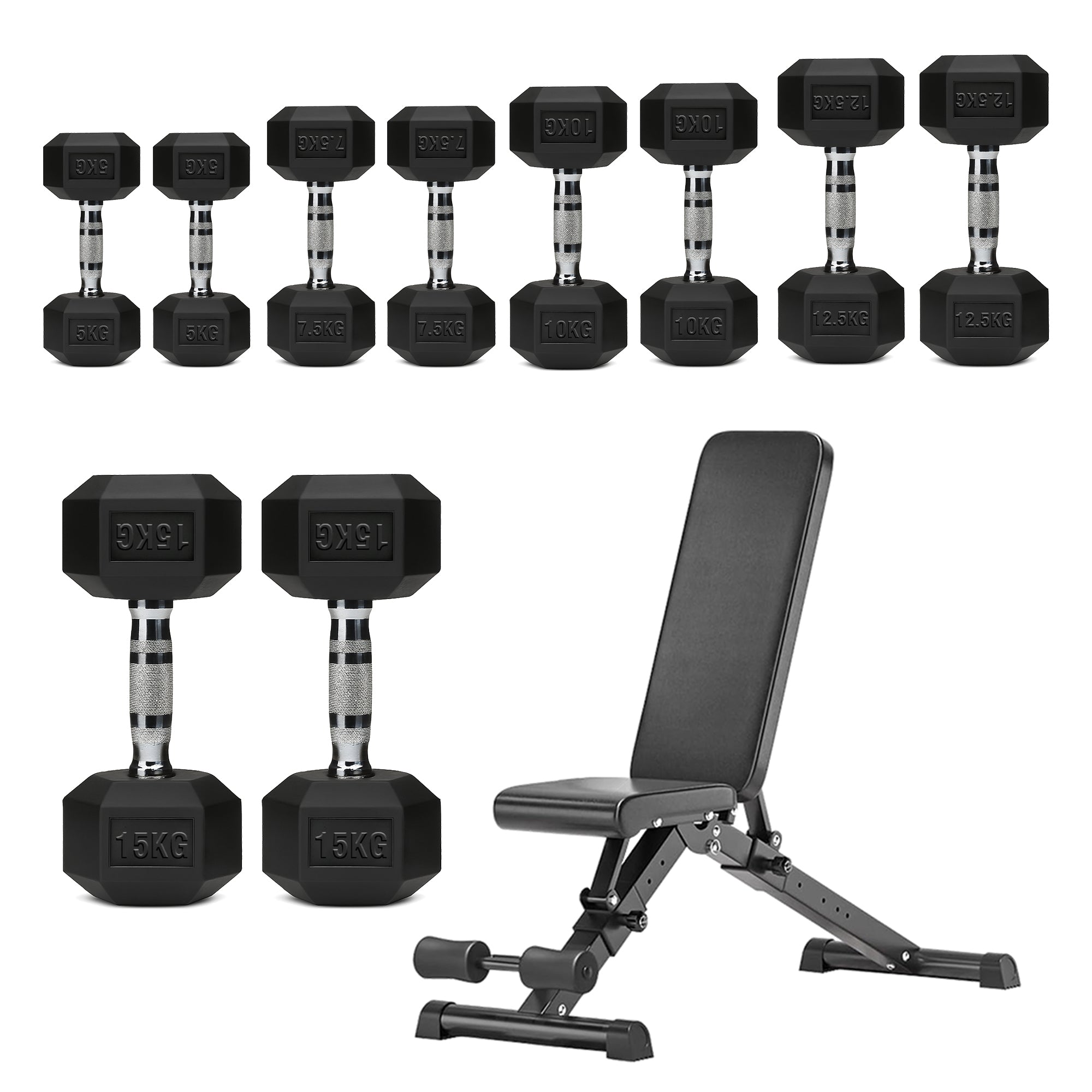 Hex Dumbbells 5 Tier Rack with or without Weights & Bench – Vertical Dumbbell Storage Stand for Home Gym