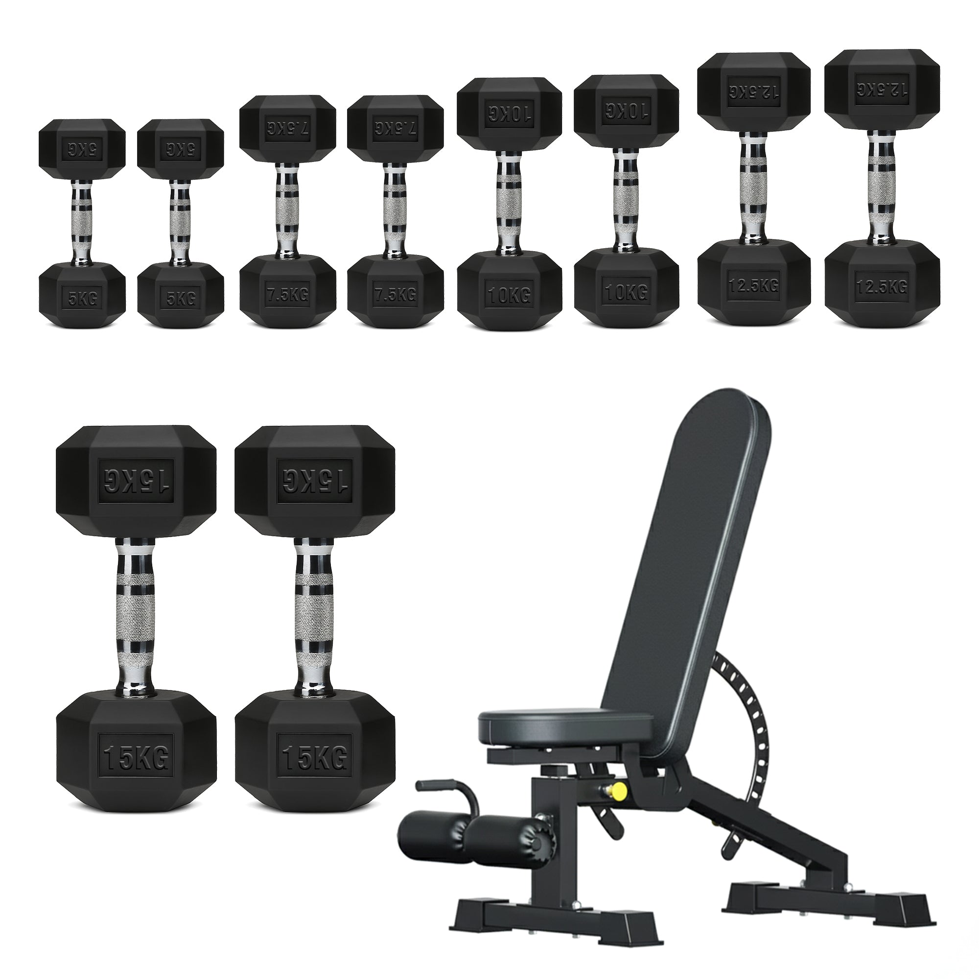 Hex Dumbbells 5 Tier Rack with or without Weights & Bench – Vertical Dumbbell Storage Stand for Home Gym