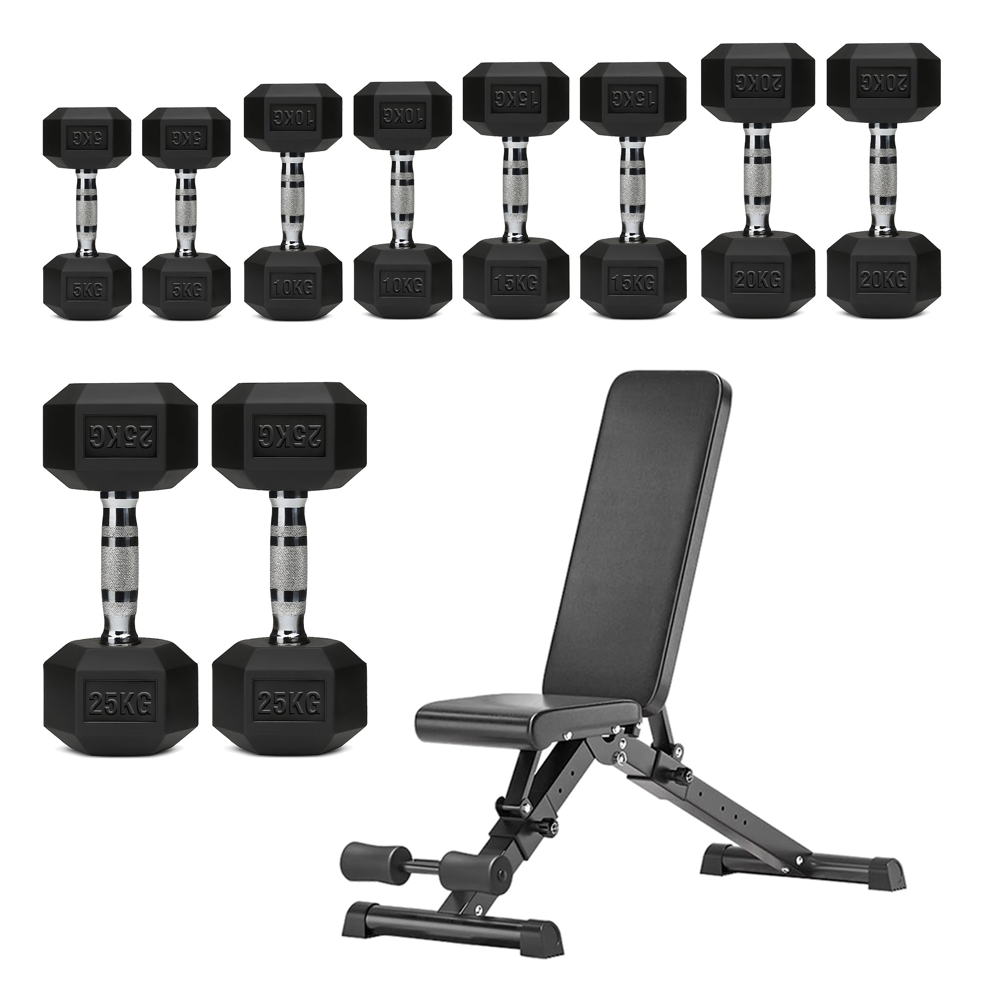 Hex Dumbbells 5 Tier Rack with or without Weights & Bench – Vertical Dumbbell Storage Stand for Home Gym