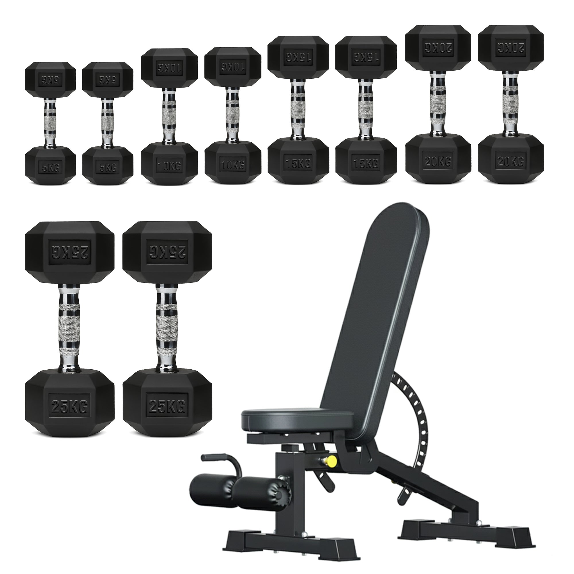 Hex Dumbbells 5 Tier Rack with or without Weights & Bench – Vertical Dumbbell Storage Stand for Home Gym