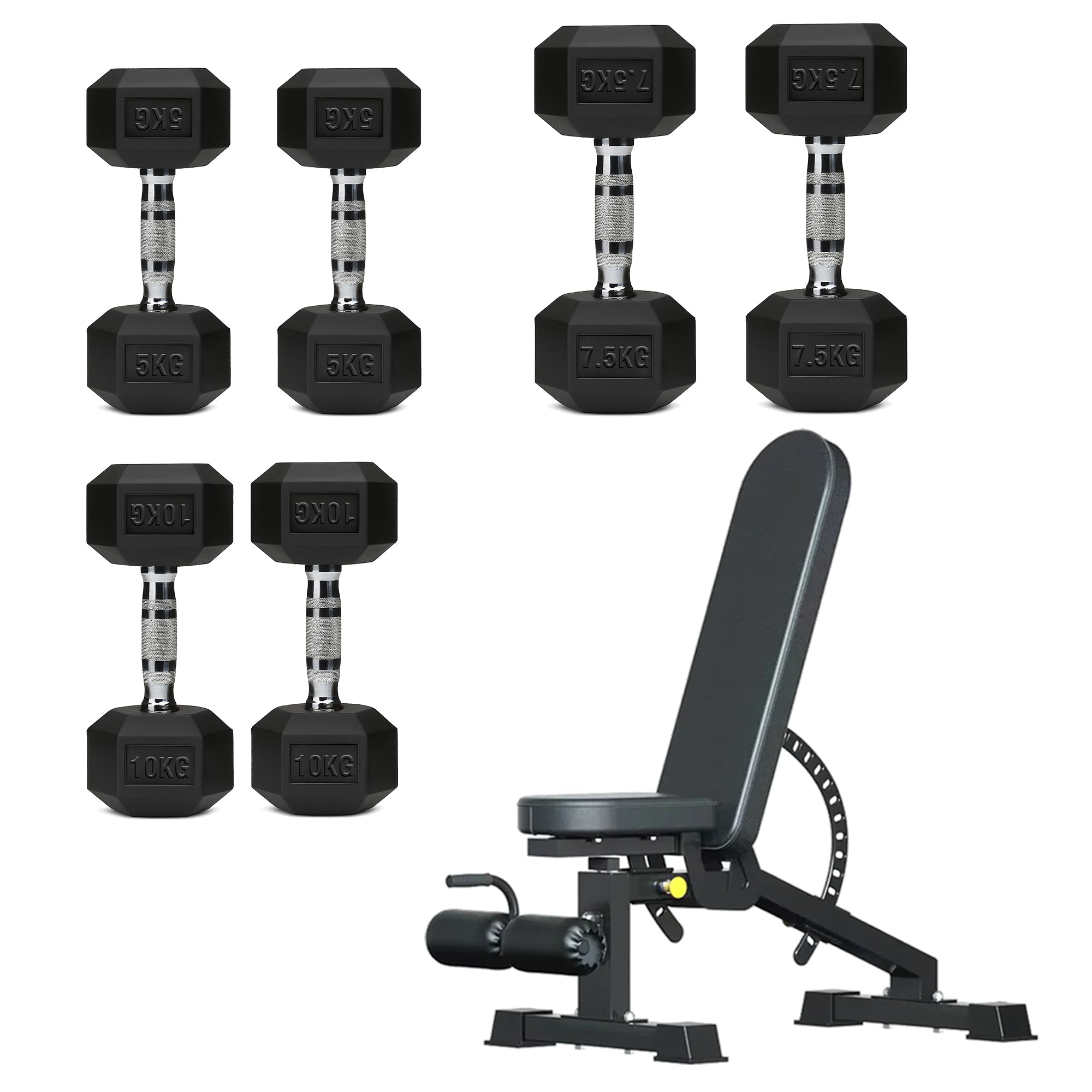 Hex Dumbbell Set with 3-Tier Tree Rack & Optional Bench – Rubber Coated Anti-Roll Weights for Home Gym