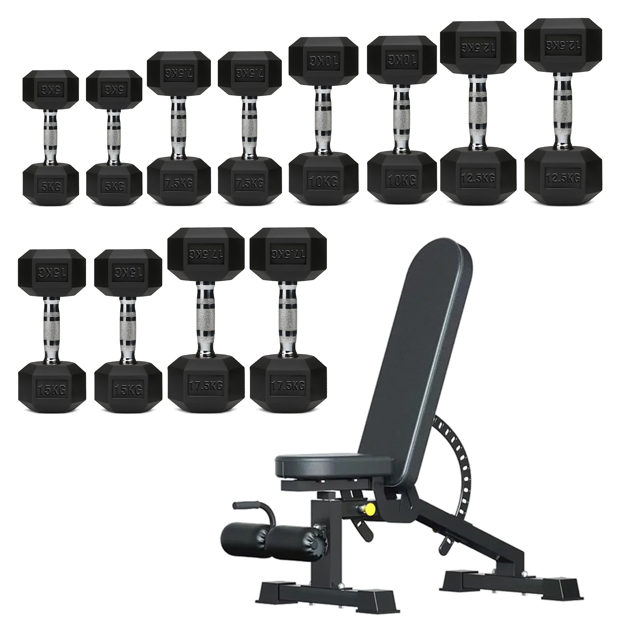 Hex Dumbbells 6 Tier Rack with or without Weights & Bench – Vertical Dumbbell Storage Stand for Home Gym (2.5kg–30kg)