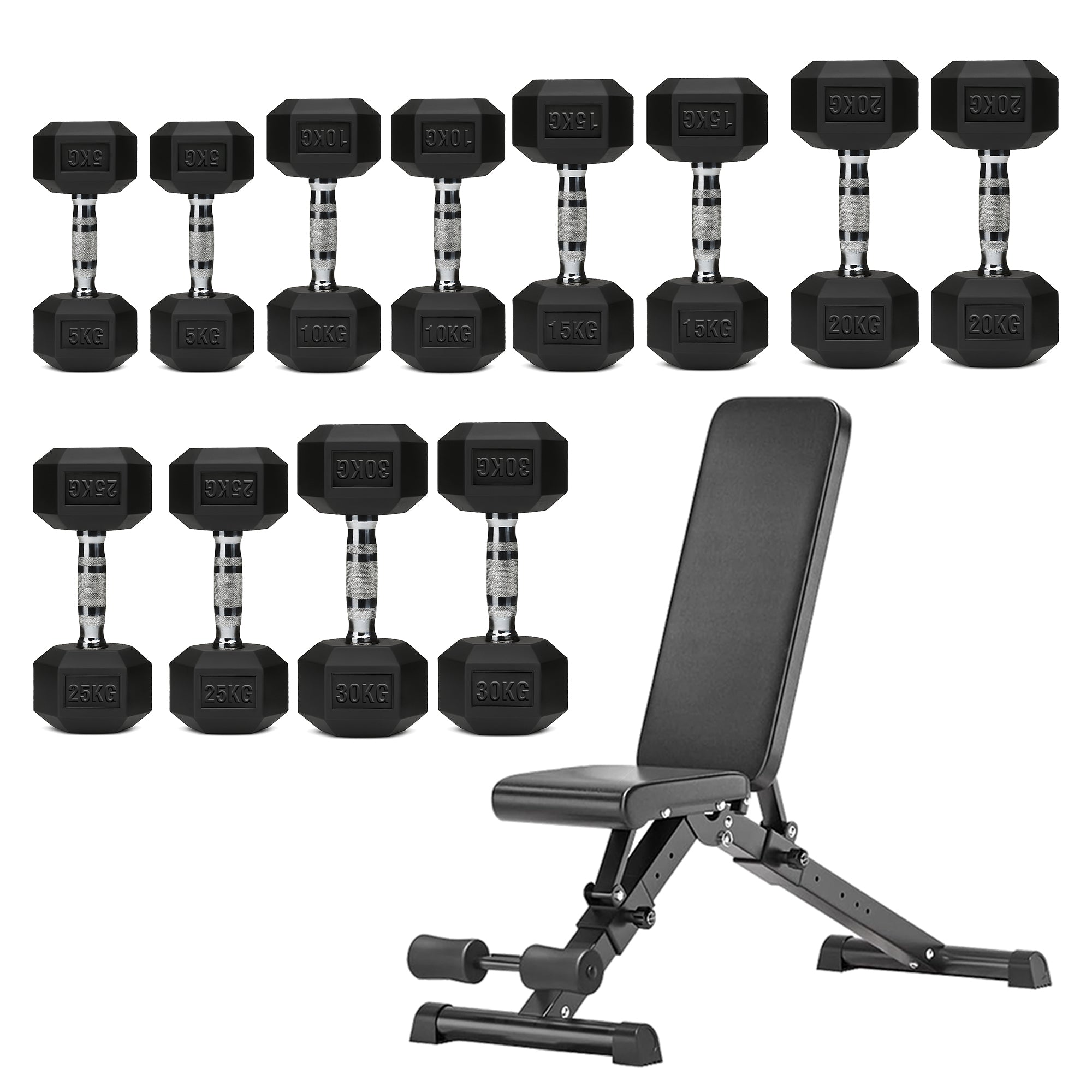 Hex Dumbbells 6 Tier Rack with or without Weights & Bench – Vertical Dumbbell Storage Stand for Home Gym (2.5kg–30kg)