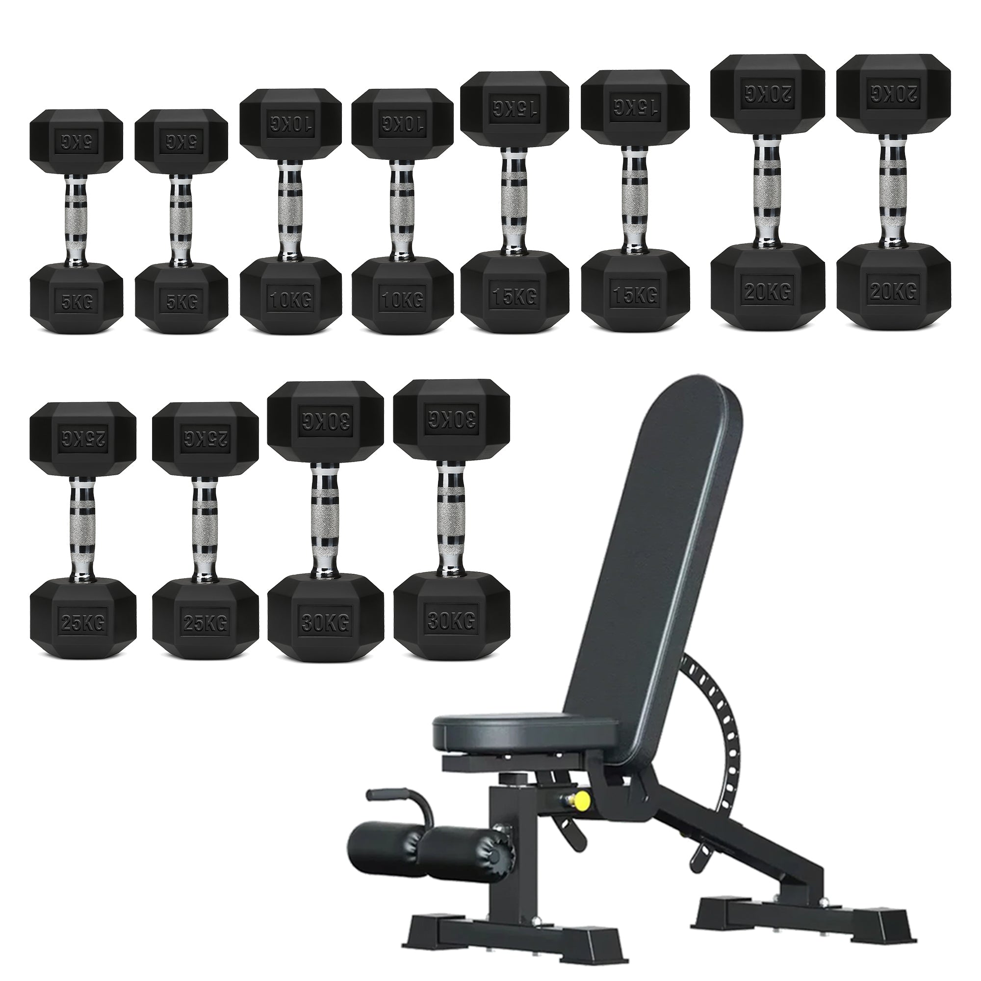 Hex Dumbbells 6 Tier Rack with or without Weights & Bench – Vertical Dumbbell Storage Stand for Home Gym (2.5kg–30kg)