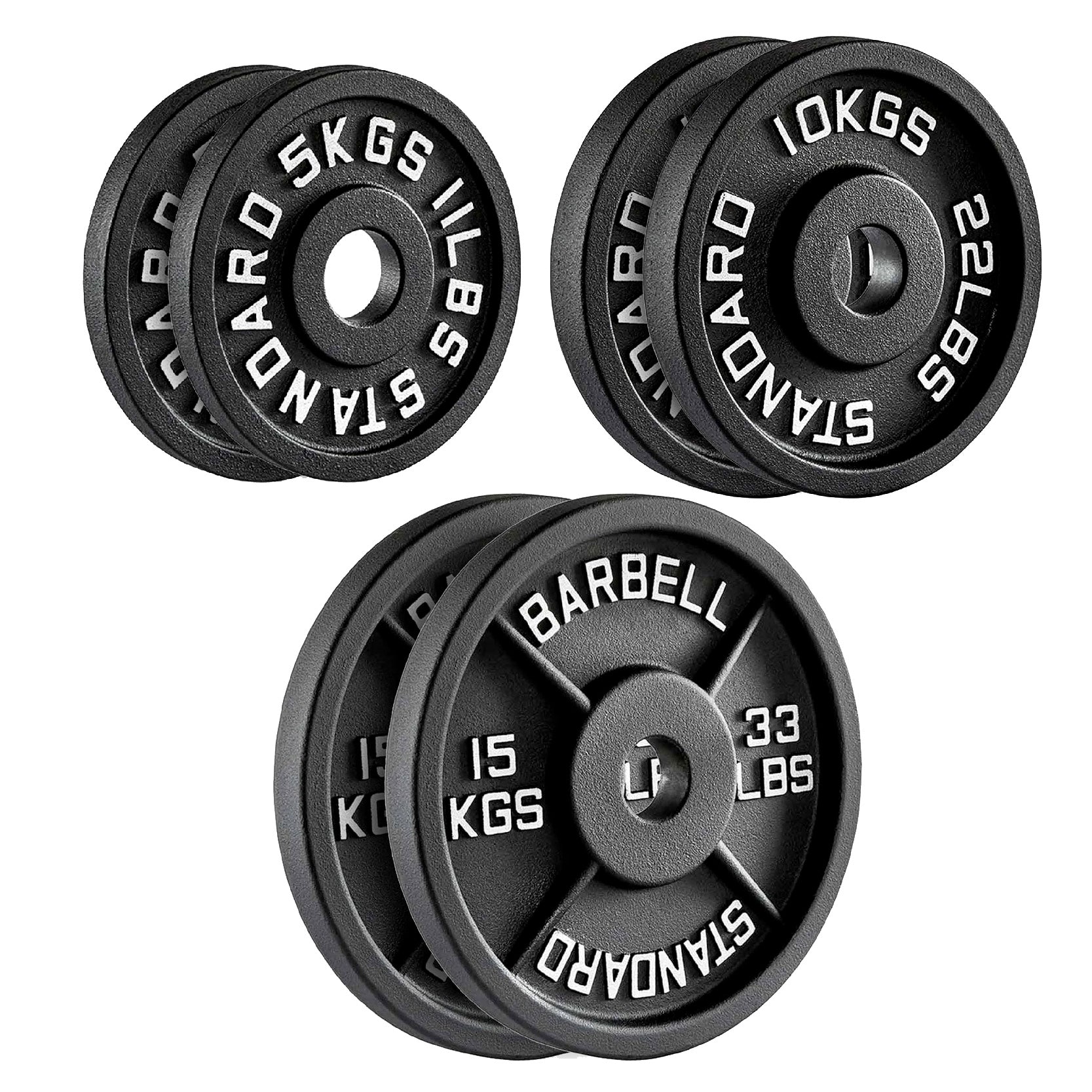 Cast Iron Weight Plates Set and Pair with Olympic Barbell + Clips