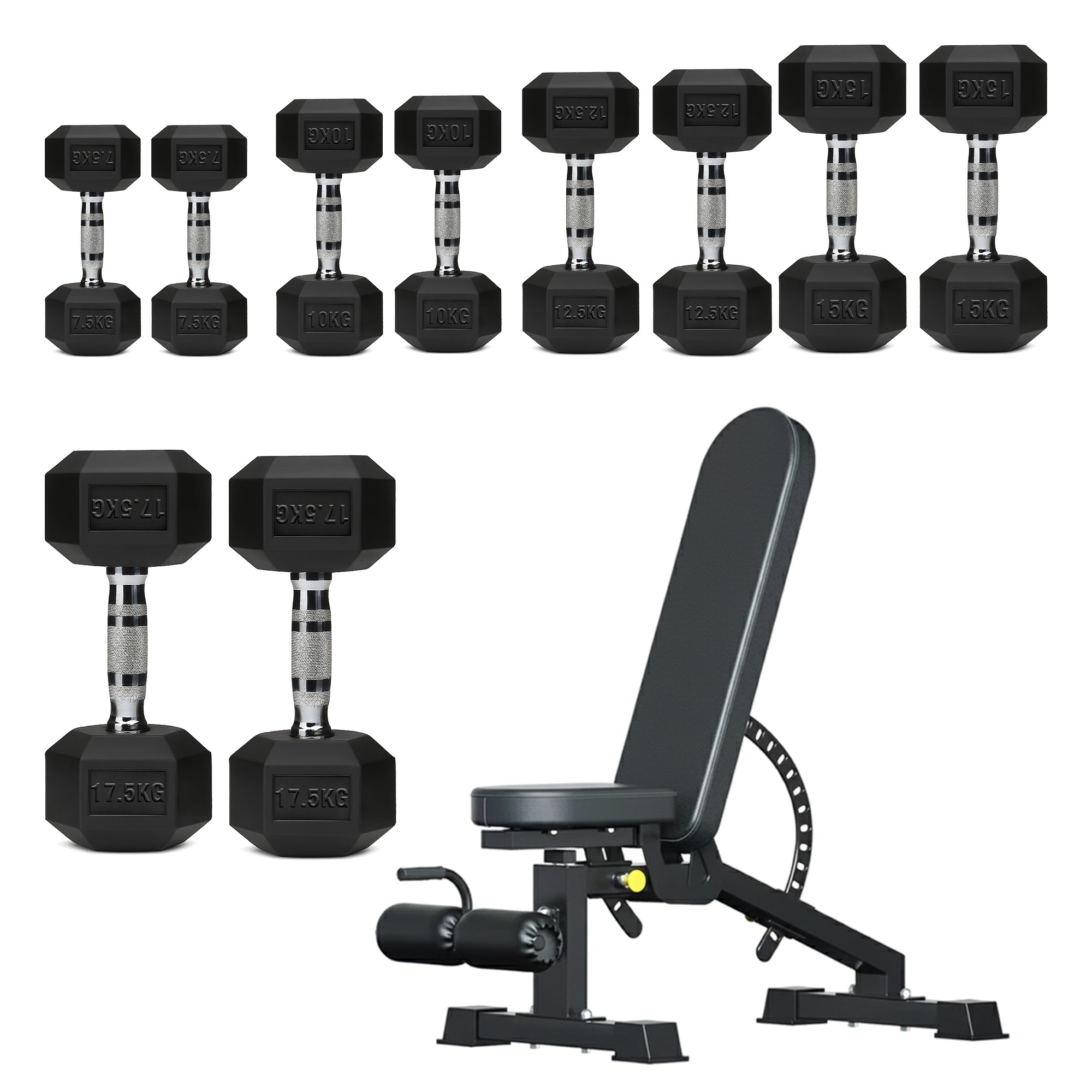 Hex Dumbbells 5 Tier Rack with or without Weights & Bench – Vertical Dumbbell Storage Stand for Home Gym